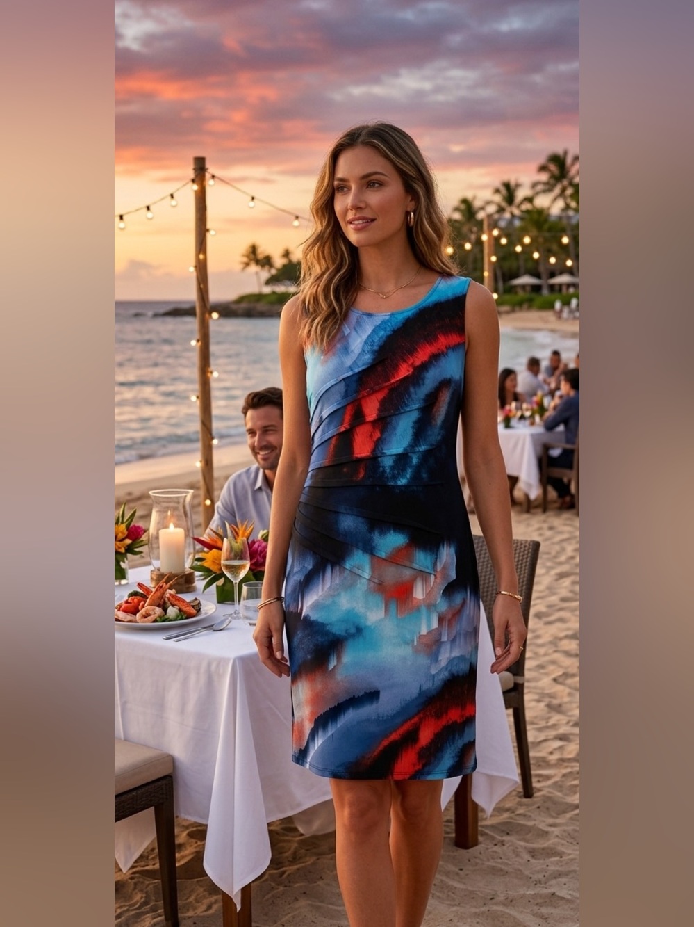 Libra Abstract Print Midi Dress Medium Blue Red Sleeveless Pleated NWT